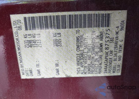 2010 Nissan Maxima 3.5 Sv z USA, uszkodzony, nr VIN 1N4AA5APXAC875375